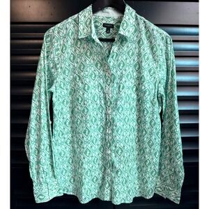 100% Cotton Seahorse Print Button Down Shirt Talbots 8 Green White